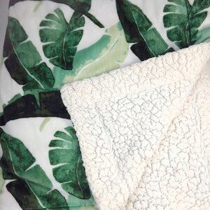 Lila & Jack baby blanket green leaf tropical palm banana leaves sherpa white